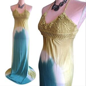 Y2K Yellow Green Tie Dye Viscose Embroidered Halter Maxi Dress Medium